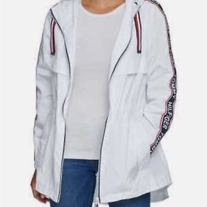 TOMMY HIFIGER White Raincoat Windbreaker Casual Long Jacket Women’s Size S EUC